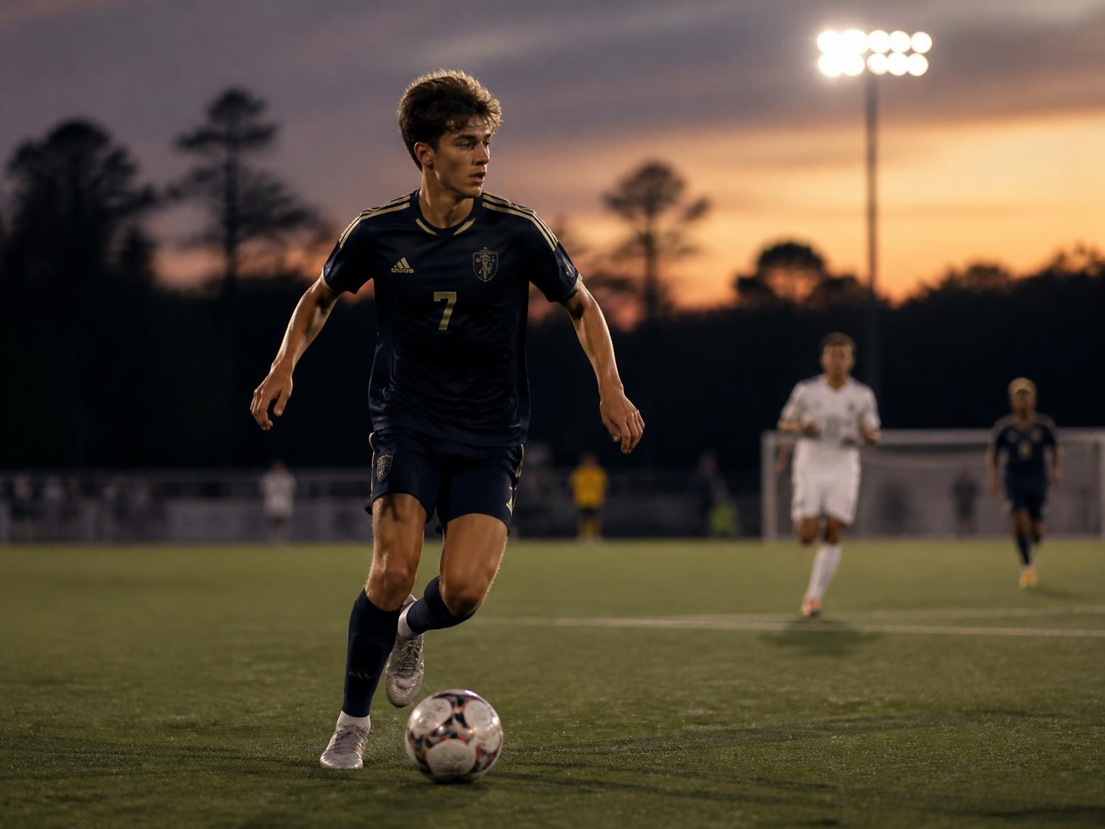 Young soccer player on a floodlit pitch at dusk